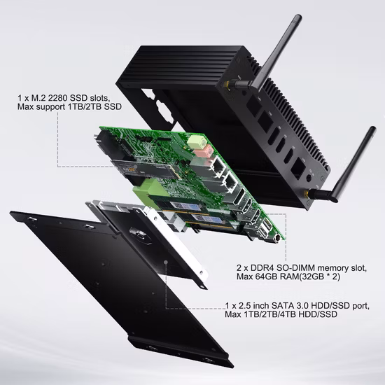 Computador PC industrial, Mini PC de LAN dupla sem fio com Intel Gemini Lake-R Series integrado, 4 Gigabit LAN para roteador, 1* SATA3.0, 1* HDMI2.0, 2* USB3.0